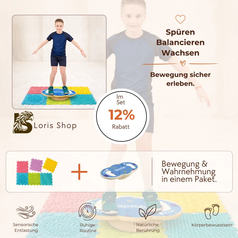 Motorik‑Duo – Bundle aus Balance Board & Taktile Strukturmatten